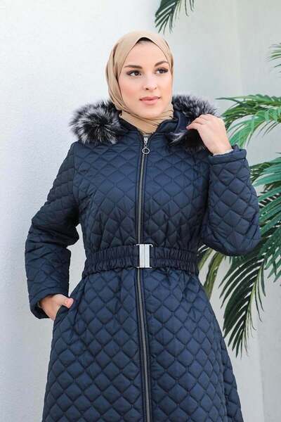 Genel Markalar Kemerli Kadın Şişme Mont Lacivert