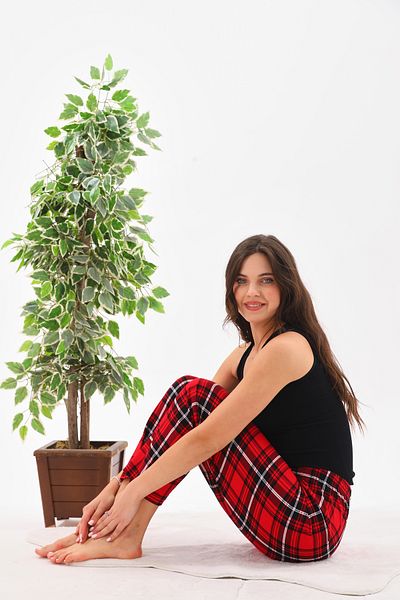 Arvin Pijama Plaid Patterned Women's Pajama Bottom - 100% Cotton, Elastic Waist, Relaxed Fit