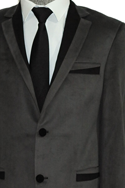 Wessi 2 Düğmeli Cepli Biyeli Kadife Koyu Gri Ceket - Wessi