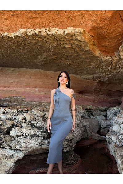 kenza'a One Shoulder Rose Detailed Women's Knitwear Dress