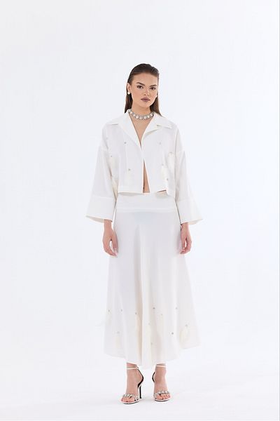Bohai Design White Otrish Feather Stoned - Special Design Skirt and Jacket Set