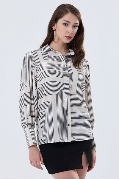 MD trend Cămașă oversize pentru femei cu model geometric - mânecă cu balon și umeri strânși
