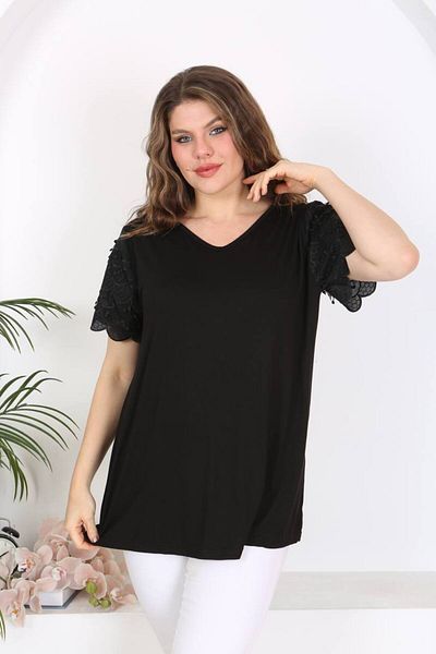 Butik Nilyam Plus Size Black Flexible Blouse - Embroidered Sleeves 24102