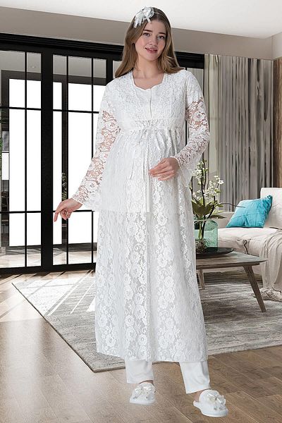 Mecit Pijama Maternity-Pregnant Lace Dressing Gown Pajama Set - 75% Cotton 25% Viscose