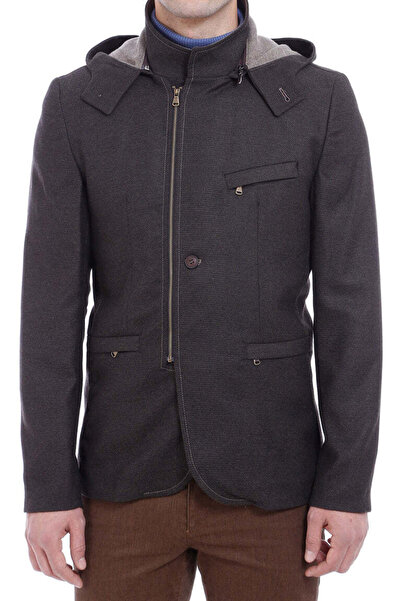 Wessi 3 Cepli Kapüşonlu Fermuarlı Yün Kahverengi Erkek Kısa Kaban - Wessi