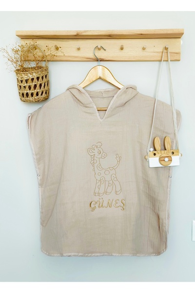 JUNİPERUS Kişiye Özel Organik %100 Pamuk Multı Müslin Kapşonlu Plaj Çocuk Bebek Panço Bornoz Banyo Havlu