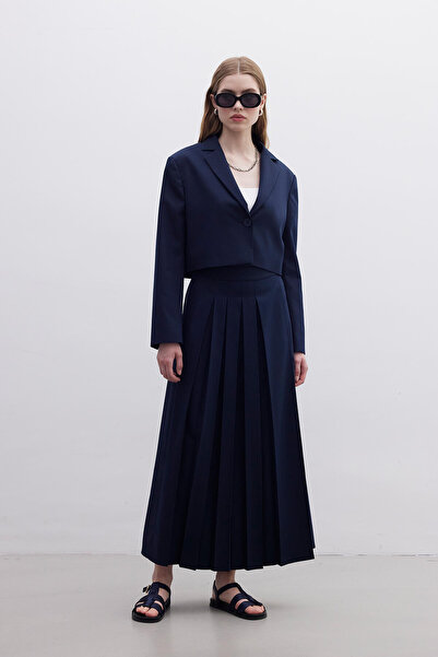 Manuka Navy Blue Double Breasted Pleated Skirt