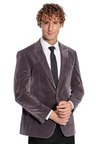 Wessi Gray Velvet Men's Jacket - Wide Pointed Collar, Single Button - Wessi