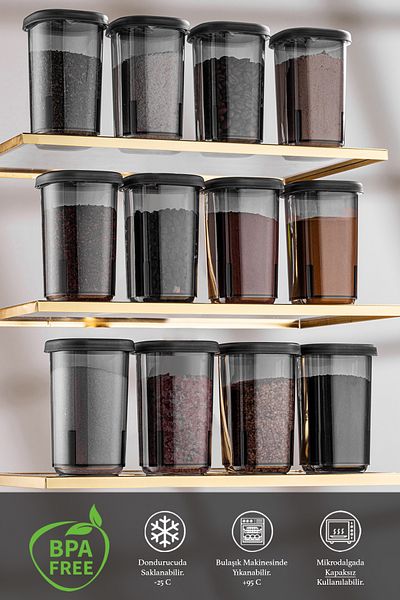 Meleni Home 12-Piece Spice Jar Set with Label and Lockable Non-Breathable Lid-Spice Jar Storage Container Gray