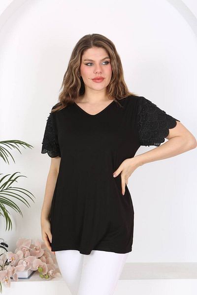 Butik Nilyam Plus Size Black Flexible Blouse - Embroidered Sleeves 24102