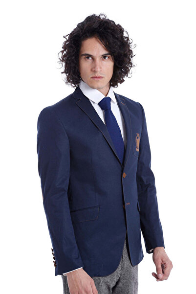 Wessi 2 Düğmeli 3 Cepli Armalı Pamuk Erkek Mavi Ceket - Wessi