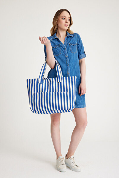 Hedwig Design Geantă de plajă premium pentru femei cu dungi colorate - Geantă de umăr (4 buzunare)