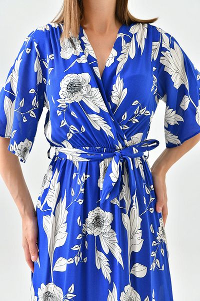 lovebox Albastru cu model floral Guler dublu și talie elastică cu brâu Mărimea Midi 3469