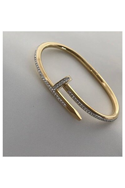 La Vies Çelik Çivili Model Zirkon Taşlı Gold Renk Kelepçe Bileklik