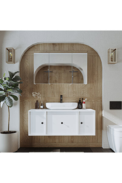 ROOMART Oval Lavabolu Mat Mdf 120 Cm Çekmeceli Banyo Dolabı + Aynalı Üst Dolabı