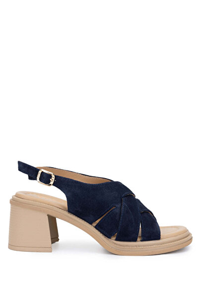 Tamer Tanca Γυναικεία πέδιλα με τακούνι Navy Blue Suede από γνήσιο δέρμα