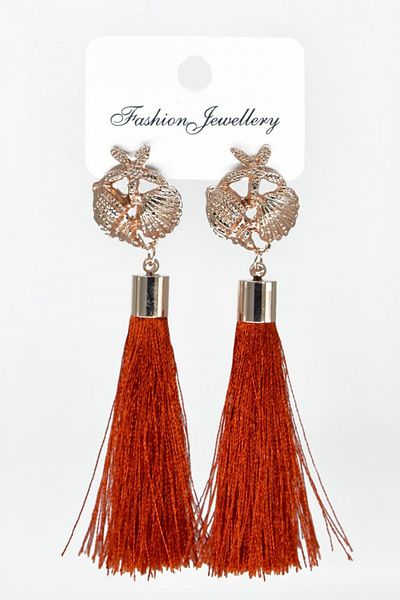 AKIN AKSESUAR HEDİYELİK Gold Colored Starfish and Oyster Detailed Long Tassel Earrings