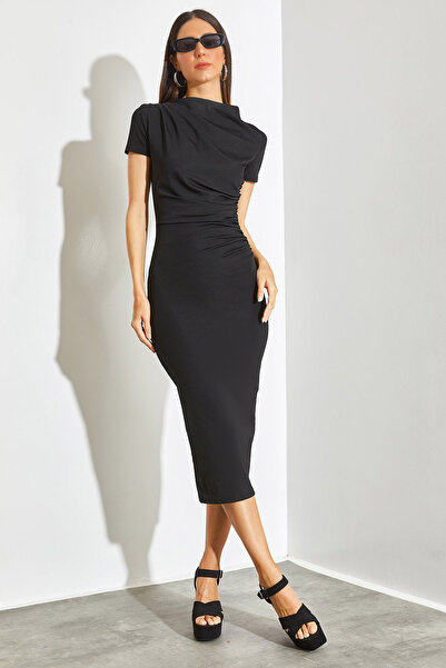 SHADE Kadın Yanı Drapeli Mikro Kumaş Midi Boy Elbise
