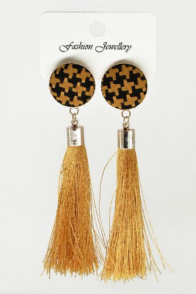AKIN AKSESUAR HEDİYELİK Long Plaid Earrings - Button Detail and Tassels