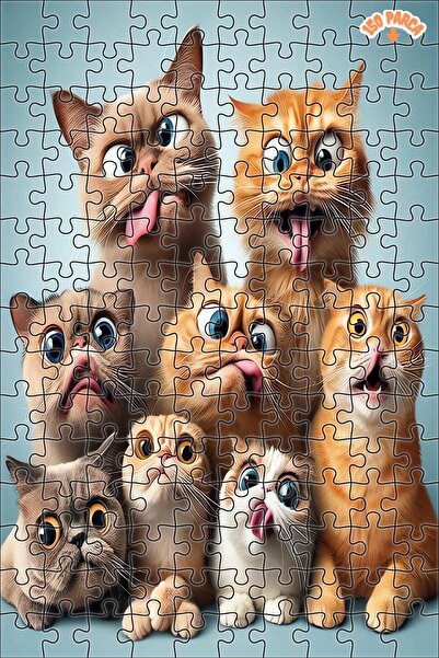Teona Ahşap KEDİ AİLESİ Dekoratif Çift Katlı Çerçeveli Asılabilir Ahşap Puzzle 150 PARÇA 20X30