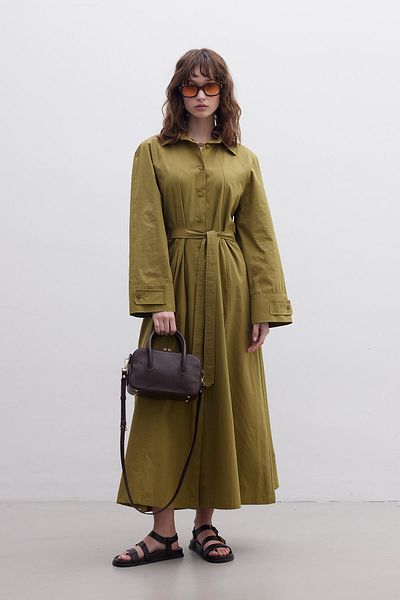 Manuka Green Poplin Dress - Epaulet Detailed