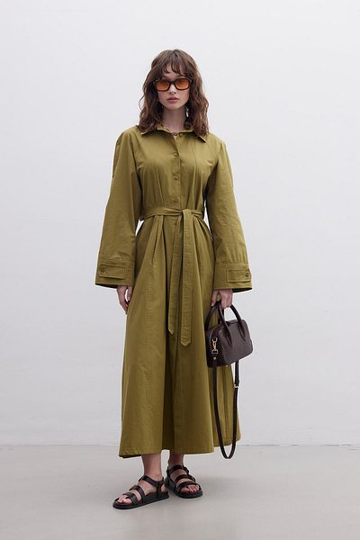 Manuka Green Poplin Dress - Epaulet Detailed