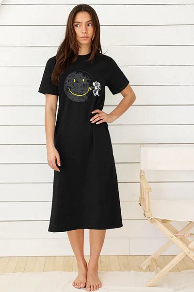 ROCKANDROLL Astronaut Print Black Long Dress - Crew Neck, Short Sleeve, Combed Cotton