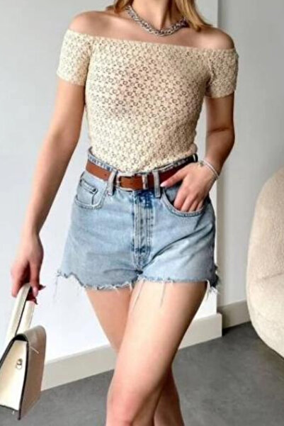 ARESMODA Camel Kısa Kol Dantel Detaylı Bluz