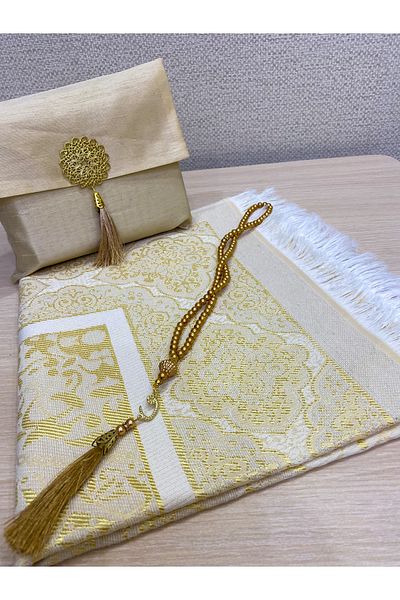 AYHANHOME 3-Piece Gift Dowry Prayer Beads Prayer Rug Set - With Slub Bag