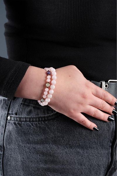 Ssilhoutte Doğaltaş Certified Pink Quartz, Amethyst and Hematite Women's Natural Stone Set Bracelet 6mm and 8mm