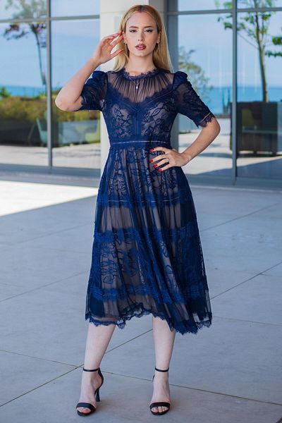 SpringStore Navy Blue Lace Short Sleeve Evening Dress