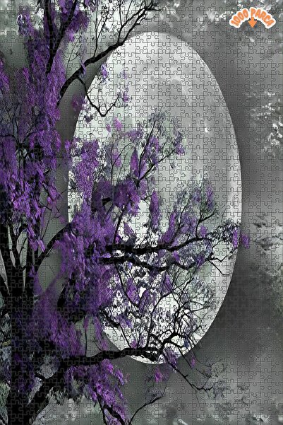 Teona Ahşap Mor Çiçek Ağaç Ay Dekoratif Çift Katlı Çerçeveli Asılabilir Ahşap...