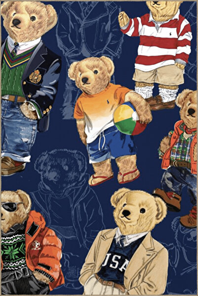 Rugs Modern Halı Lacivert Temalı Teddy Bear Ayıcık Desenli Modern Dekoratif H...