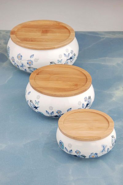 Bursa Porselen Dekor Blue Bird and Flower 3 Size Porcelain Storage Set