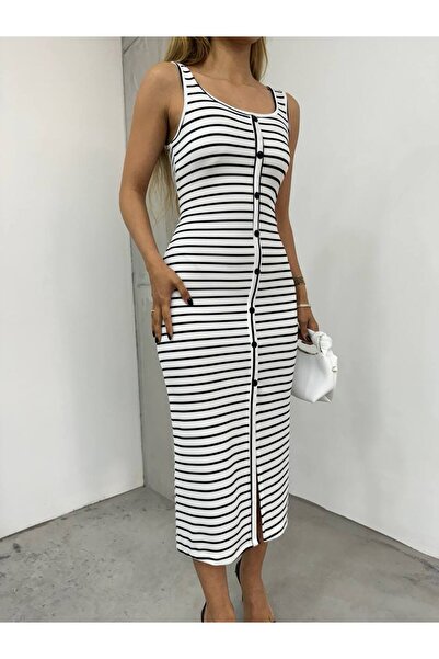 BİKELİFE Pruhované dámské šaty Boydandan s knoflíky - výstřih do posádky