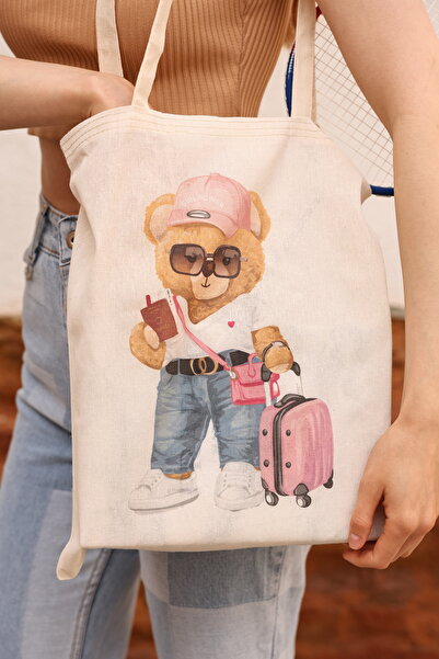 DK DAKSEL حقيبة كتف قماشية مطبوعة على شكل دمية دب وردي