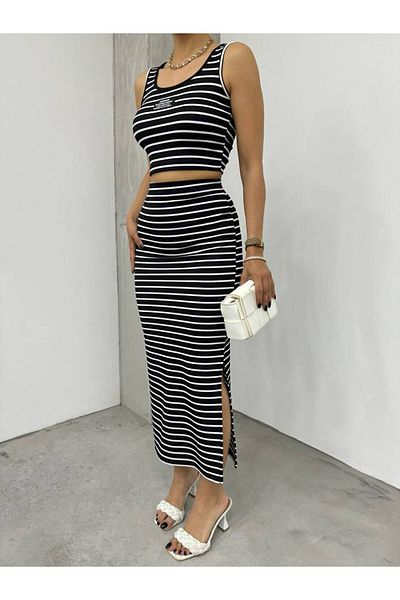 BİKELİFE Damen-Set mit gestreiftem Crop-Top und Midirock
