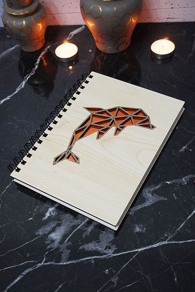markcat Dolphin Patterned Figured Wooden Cover Diary Notebook - Unlined A5 Memory Notebook