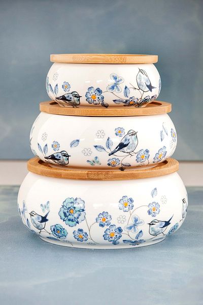 Bursa Porselen Dekor Blue Bird and Flower 3 Size Porcelain Storage Set