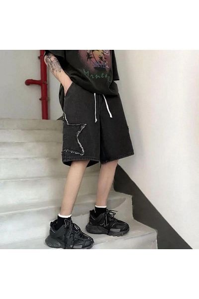 Touz Moda Streetwear Washed τζιν κοντό σορτς - Star Patch Λεπτομέρεια