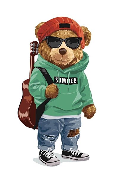 HMNL Gitarcı Ayıcık Sticker Motor, Kask, Laptop, Araba Sticker 13x7 Cm