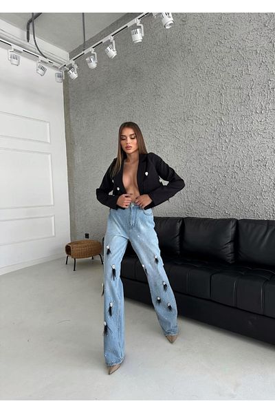 1Moda1Tarz Black Mom Jeans and Stone/Tassel Detailed Jacket - Top and Bottom Set