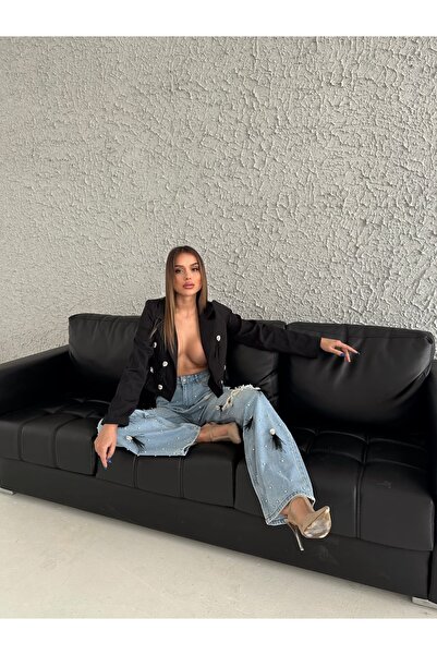 1Moda1Tarz Black Mom Jeans and Stone/Tassel Detailed Jacket - Top and Bottom Set