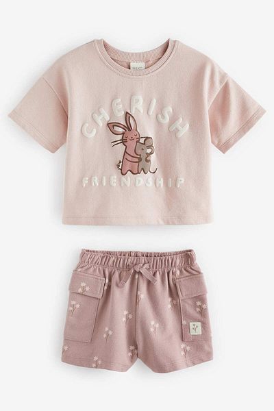 Next Baby Pink Friendship Bunny T-shirt and Cargo Shorts Set