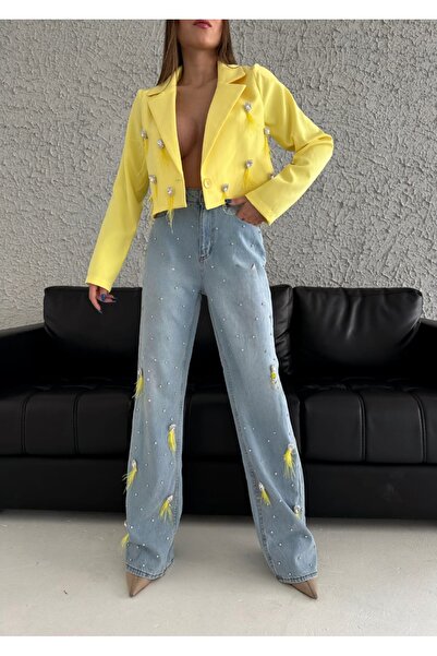 1Moda1Tarz Yellow Mom Jeans and Stone and Tassel Lined Women's Jacket - Top and Bottom Set
