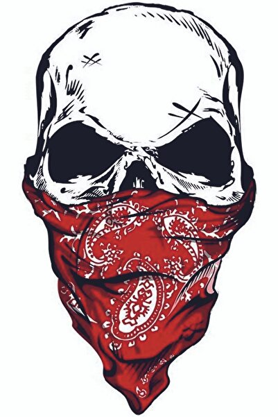 HMNL Kırmızı Bandanalı Kuru Kafa Araç Motor Ve Kask Laptop Sticker, 14x8 Cm