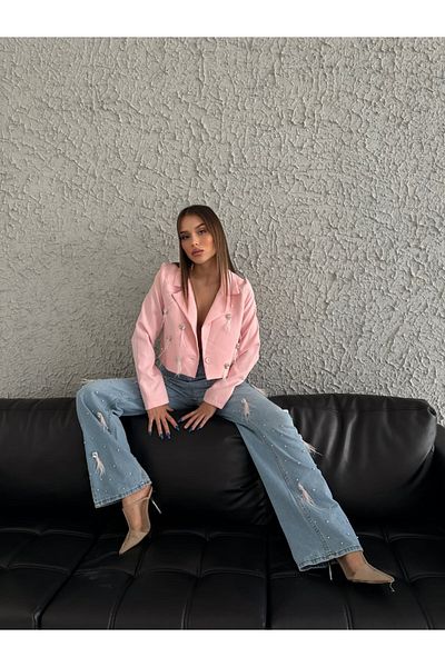 1Moda1Tarz Pink Mom Jeans and Stone/Tassel Lined Jacket - Bottom-Top Set