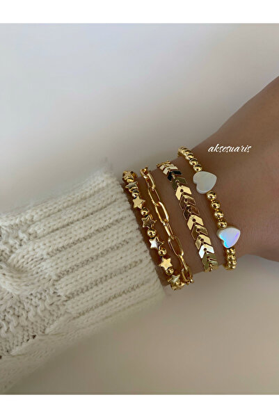 aksesuaris Sedef Kalp ve gold yıldız 4'lü kadın bileklik kombin set
