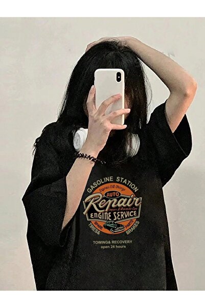 OVER HEAD Tricou negru oversize damă - Imprimat Auto Repair