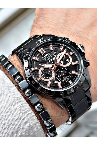 Ferrucci Men's Wristwatch - Black Color, Steel Cord, Bracelet Gift + Functions Active